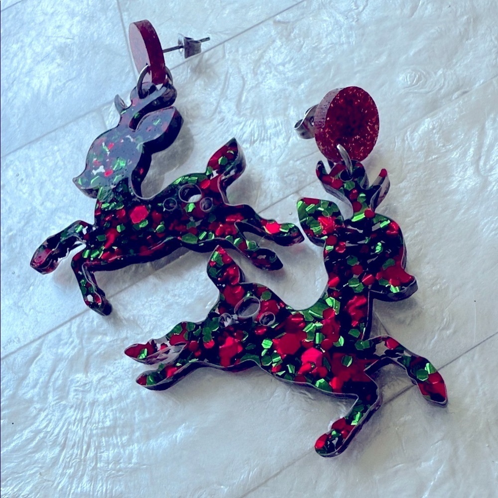 Christmas Rudolph Reindeer Sparkly Earrings Holiday View 2